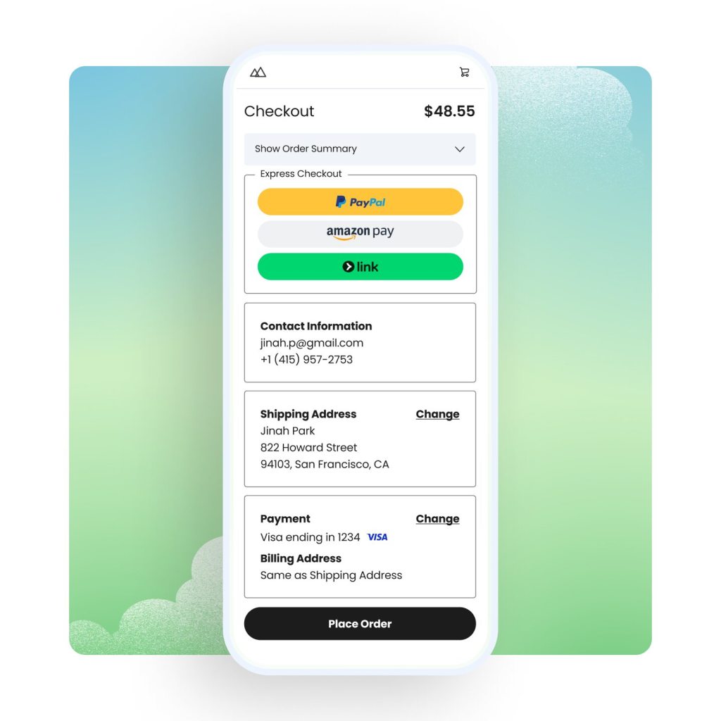 Image of a mobile phone showing a Checkout screen. A total amount of $48.55 is above an Express Checkout window, which has buttons for PayPal, AmazonPay and Link.