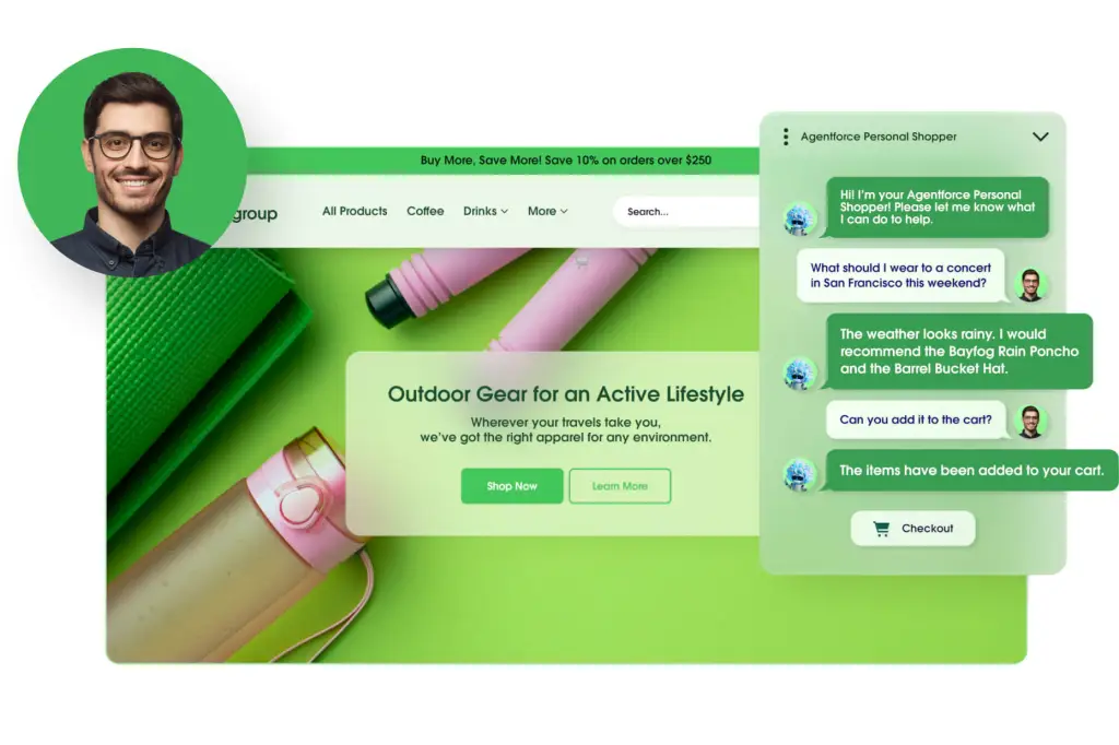 A customer head shot beside a retail website and a thread where a customer asks multiple product questions that  Agentforce responds to.