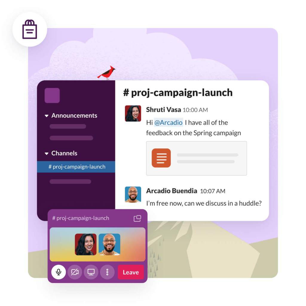Application window showing two team members communicating using huddle feature voice call in conjunction with text replies