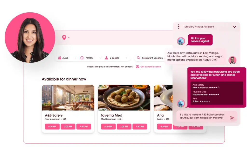 A customer head shot beside a message thread of a customer asking about dining options with a reply from Agentforce that includes booking times.
