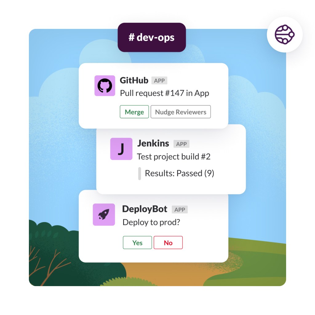 Notification bubbles showing automated alerts and requests for commands to continue deployment