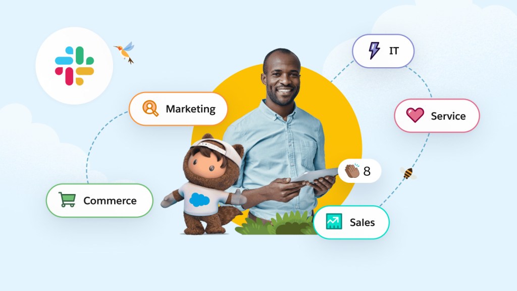 A man with bubbles around him with words saying various departments in a business
