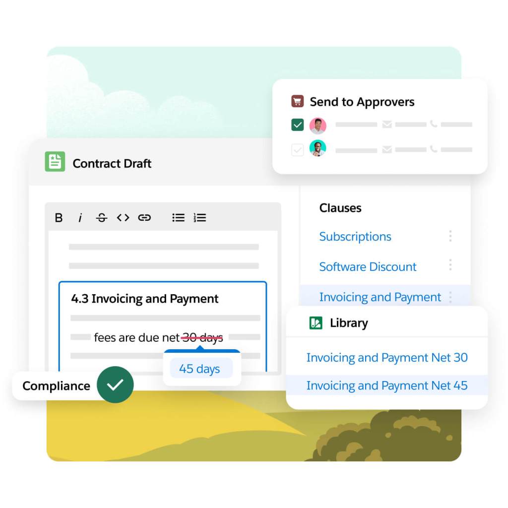 A wondow shows a contract draft with suggestions to change, a compliance icon, and an option to send to approver.