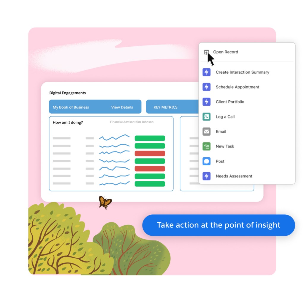 Digital Engagements dashboard with dialogue box open to take action at the point of insight: create interaction summary, schedule appointment, log a call, new task etc