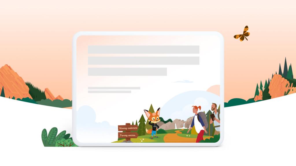 Salesforce character Brandy directing two Trailblazers toward a path alabled "winning customers, proving success."