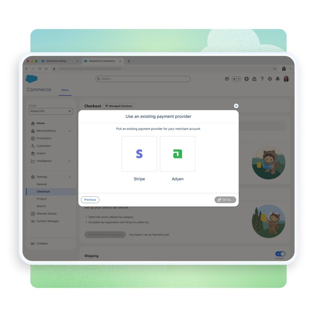 Image of a pop-up window over a Salesforce Managed Checkout dashboard. Pop-up reads: Use an existing payment provider. Pick an existing payment provider for your merchant account. Stripe and Adyen tiles are in the center.