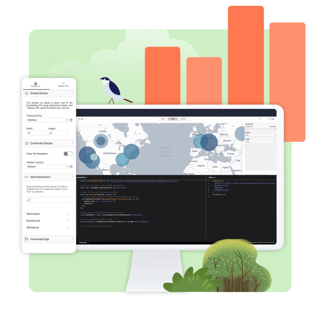 Tableau Embedding Playground world map with developer pane open