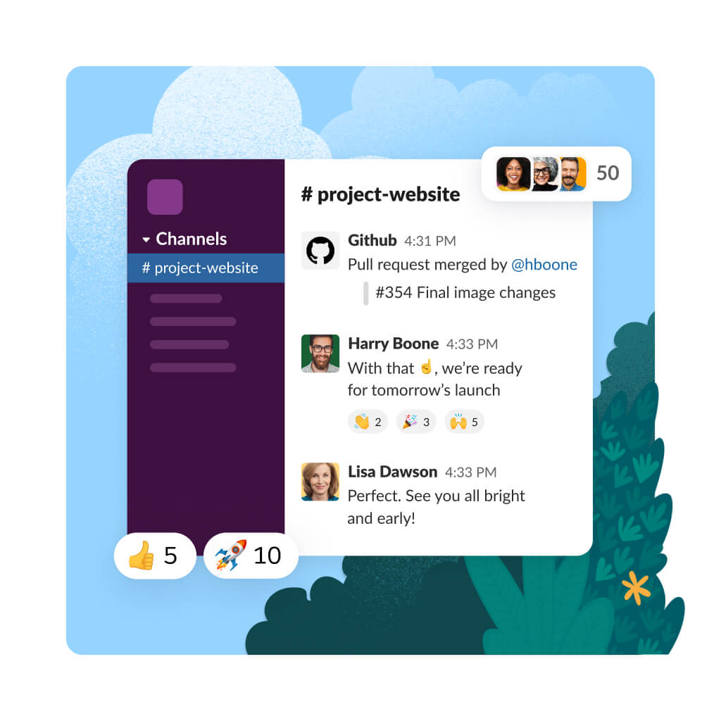 Chat bubbles demonstrating status-updates team-recognition and presentation-review.