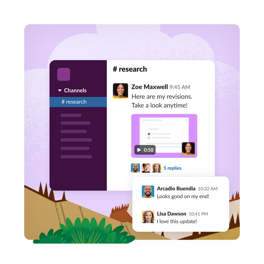 Slack interface showing a conversation between two people in a channel with a video posted.