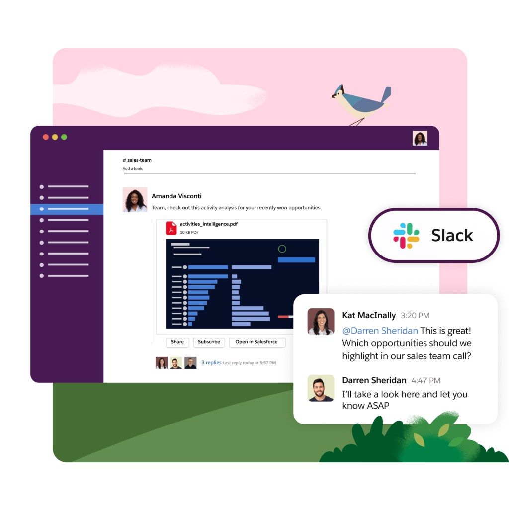 Slack channel with someone sharing a dashboard and options in Slack to Share, Subscribe or Open in Salesforce. Plus pop out text: So glad we can review right here!