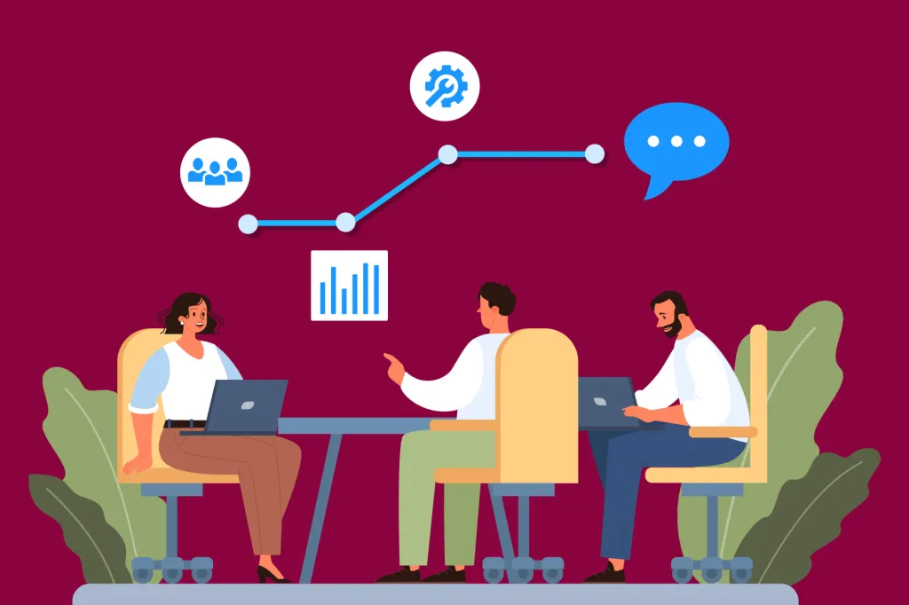 Three illustrated people build a customer service strategy