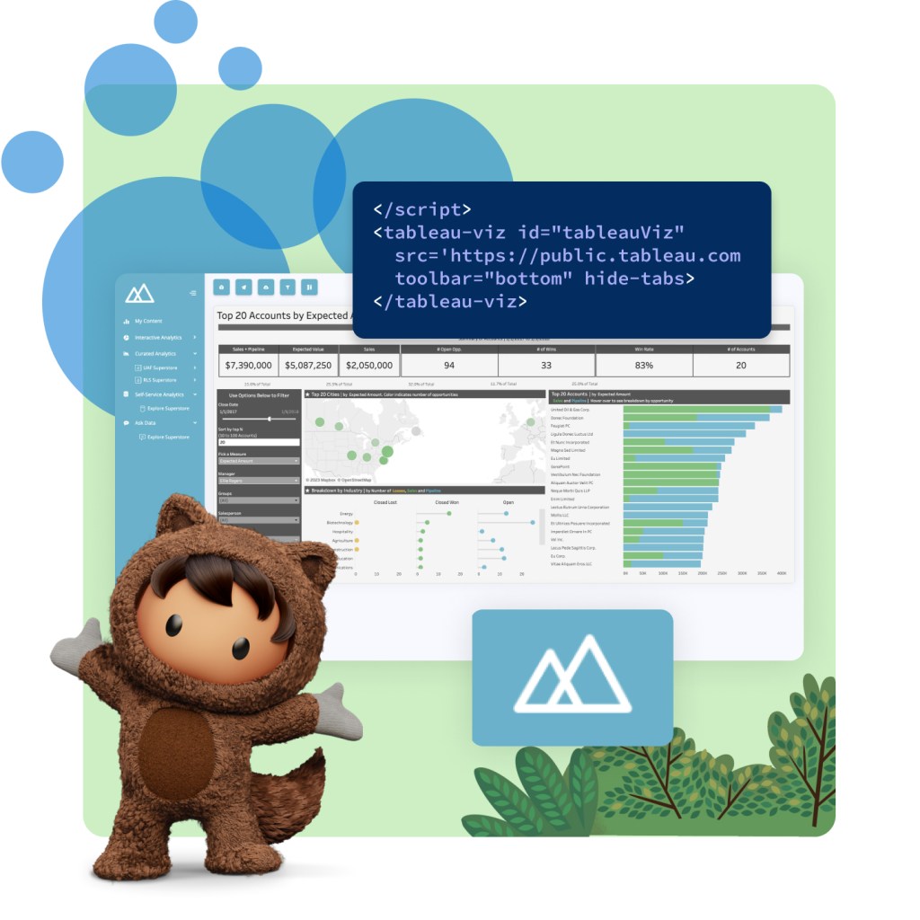 Astro character with open arms in front of white labelled account dashboard and code lines