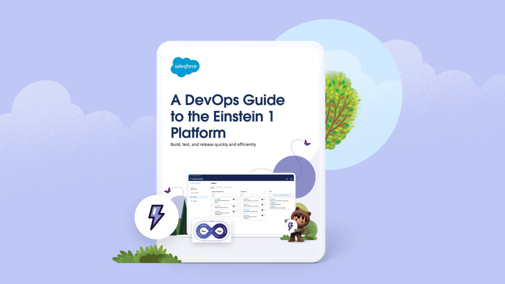 A tablet screen showing the guide titled A DevOps Guide to the Salesforce Platform.