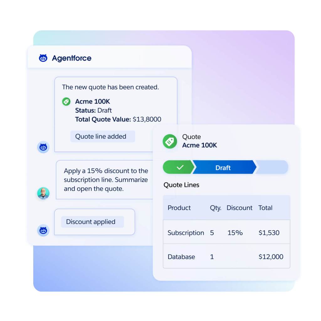 An Agentforce window shows a quote with a user generated prompt to add a discount, with a popout showing the amended quote. 