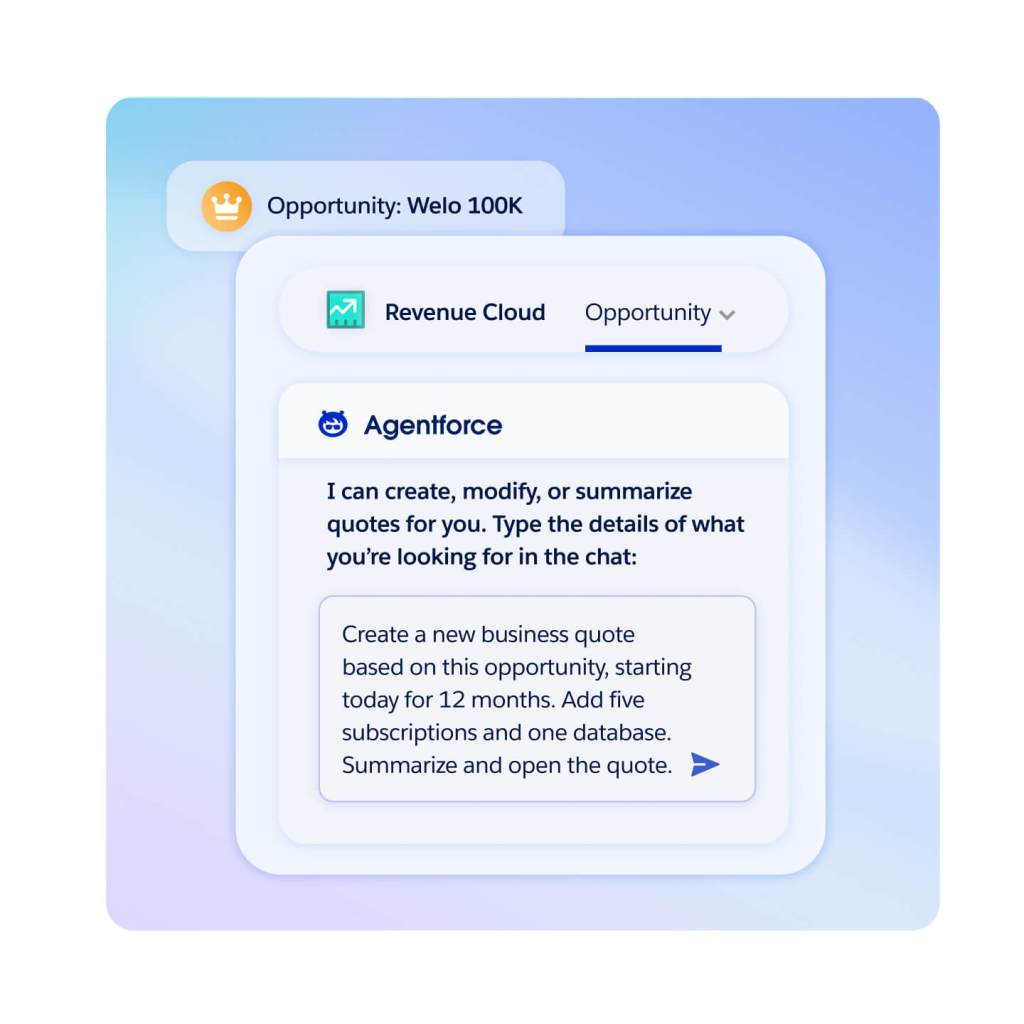 An Agentforce quote creation prompt tells the user what it can do as well as user created quote parameters for a deal. 