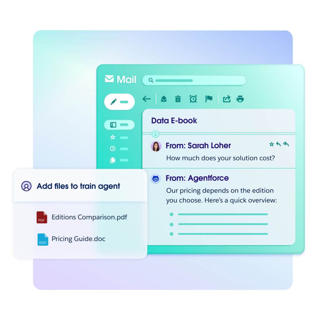 Agentforce answers a leads emailed question based on an editions comparison and pricing guide uploaded to train the agent. 