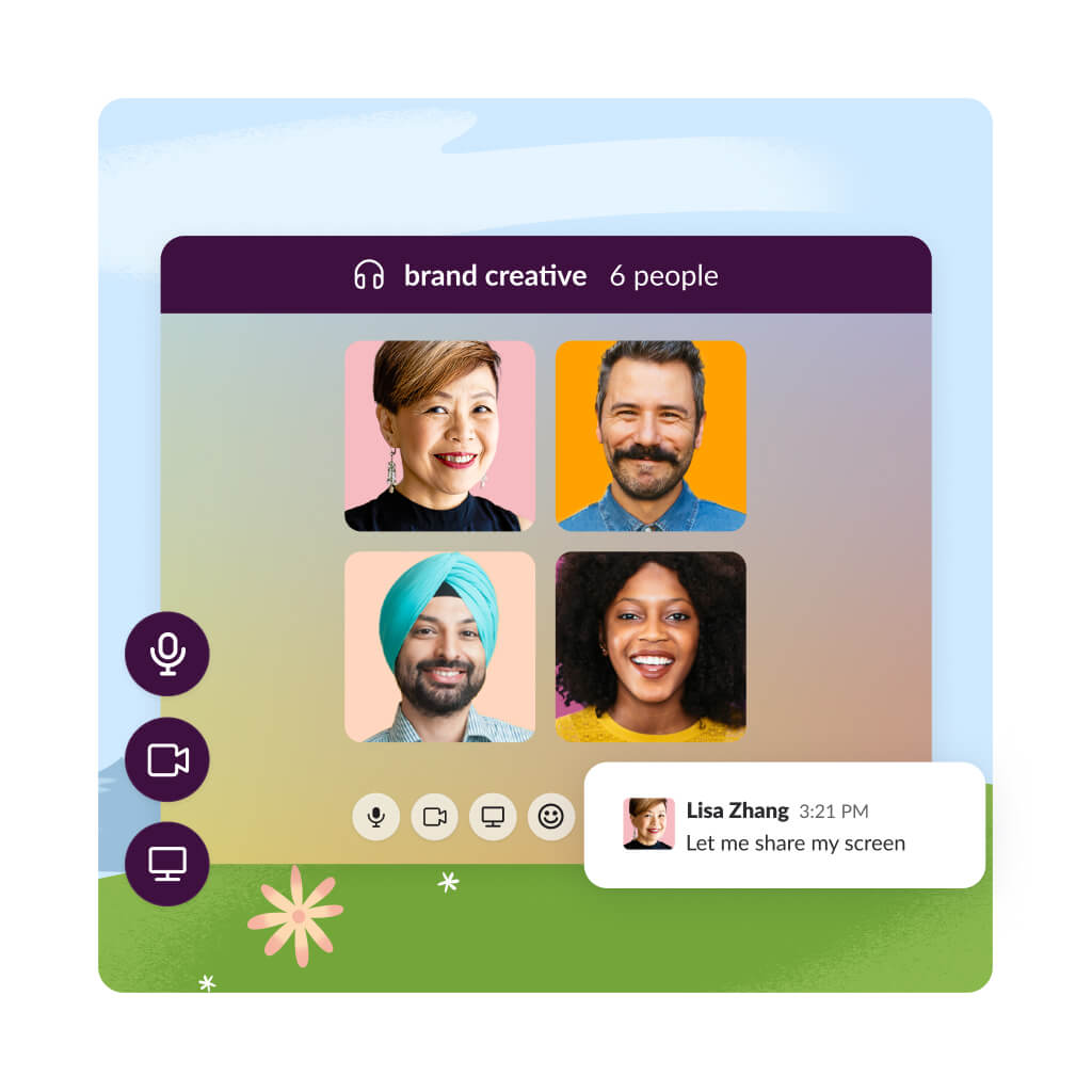Huddle interface with four people and a chat window that says let me share my screen.