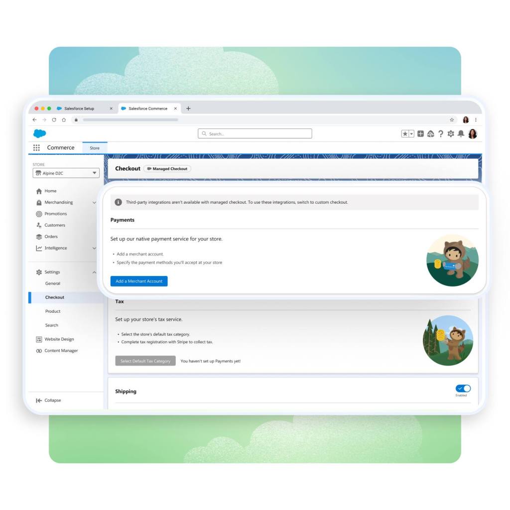 Image of a Salesforce Managed Checkout dashboard with the Payments section highlighted. Text reads: Set up our native payment service for your store. CTA button reads Add a Merchant Account.