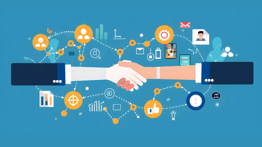 Two people shake hands against a background of symbols that denote B2B CRM, such as a target, a thumbs up, and a person.