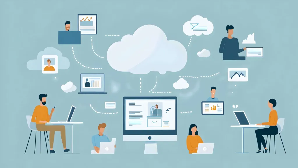 Multiple people in different places use devices while surrounded by clouds