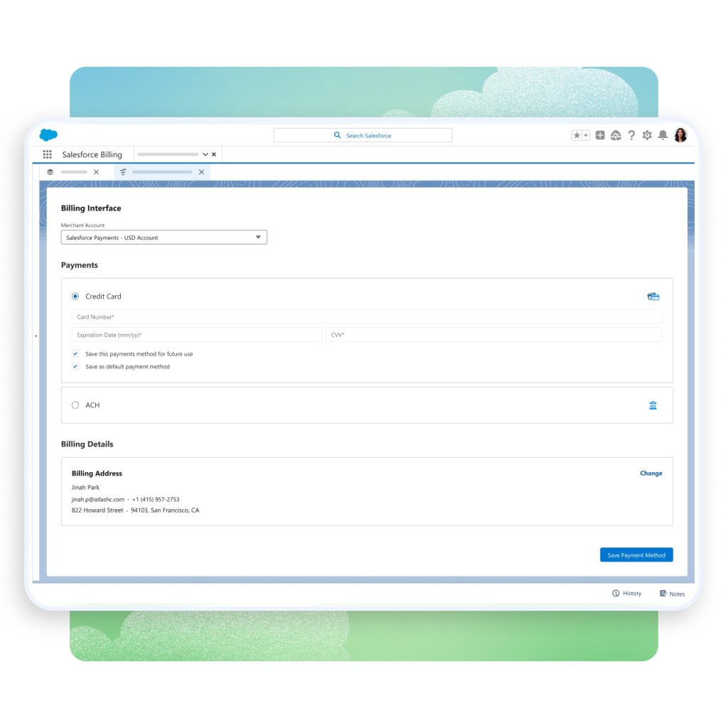 Image of a Salesforce Billing screen with the Billing Interface tab open. Payments and Billing Details modules are open with a Save Payment Method button.