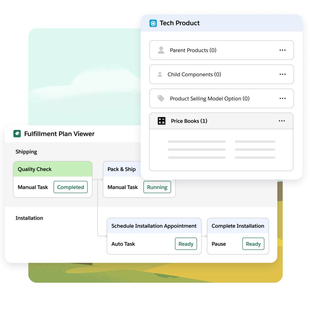 A fulfillment window shows steps completed in shipping flow. A tech product window shows bundling, revenue model, and price.