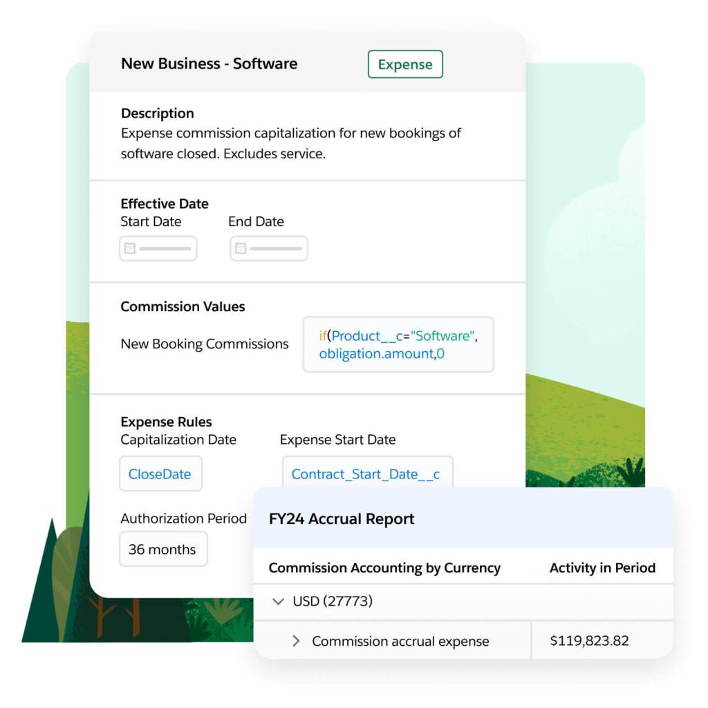Windows show an auto-generated, audit-ready commission expense report and the general ledgers, expense portfolios, and fringe benefit rules that can be created to automatically calculate commission expenses.