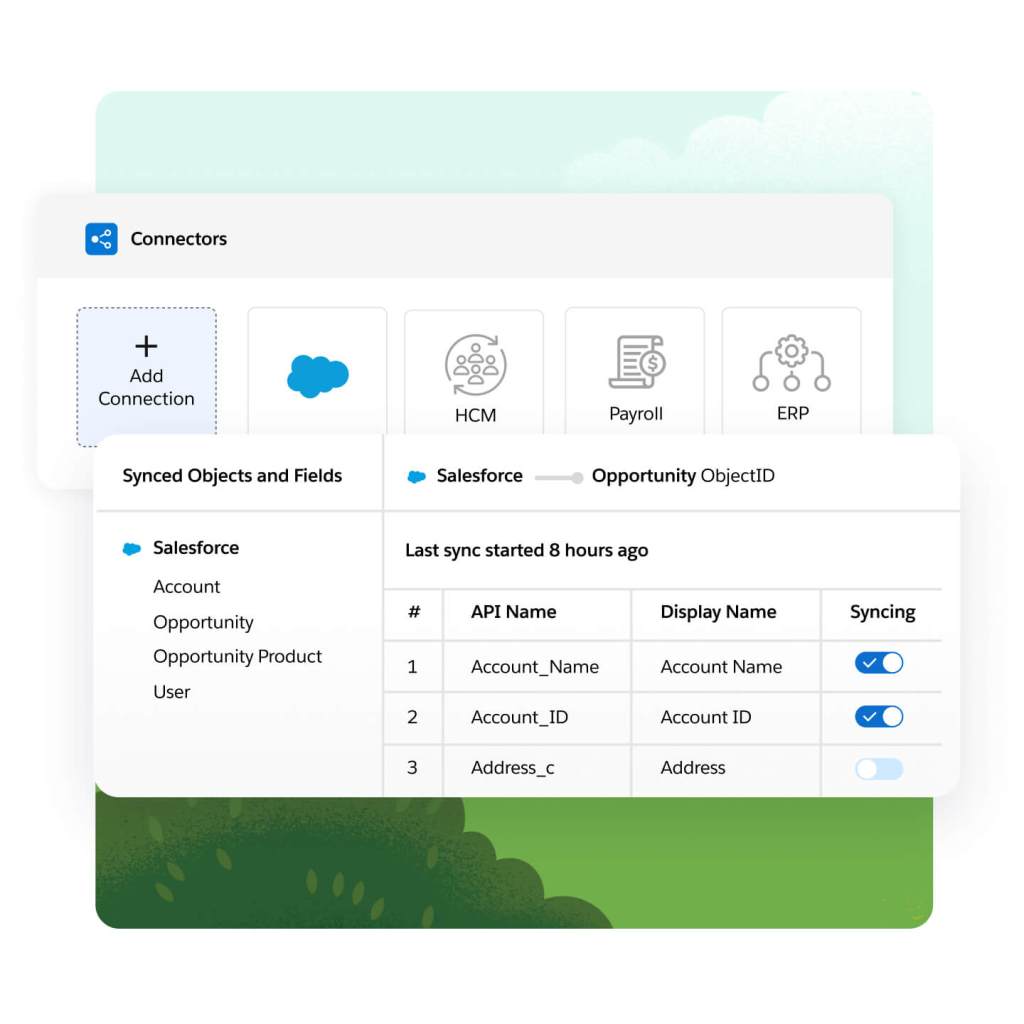 Windows show some of the integrations available to pull in data from data sources, the available objects and fields from connected integrations, and the toggle that allows for quick activation and deactivation of field syncs.