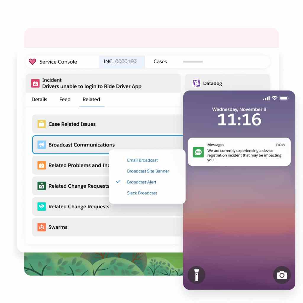 Broadcast emails, a broadcast site banner, broadcast slack messages and broadcast alerts displayed on PCs and a phone.