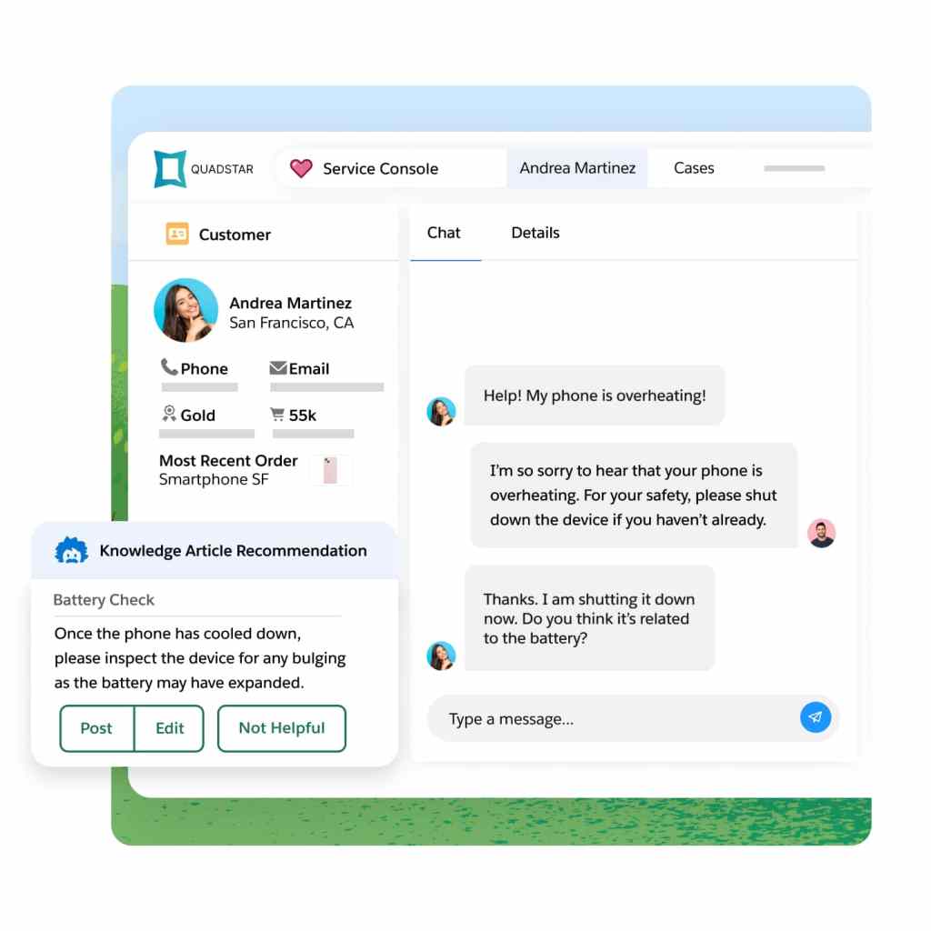 Einstein provides recommendations for a customer support chat.