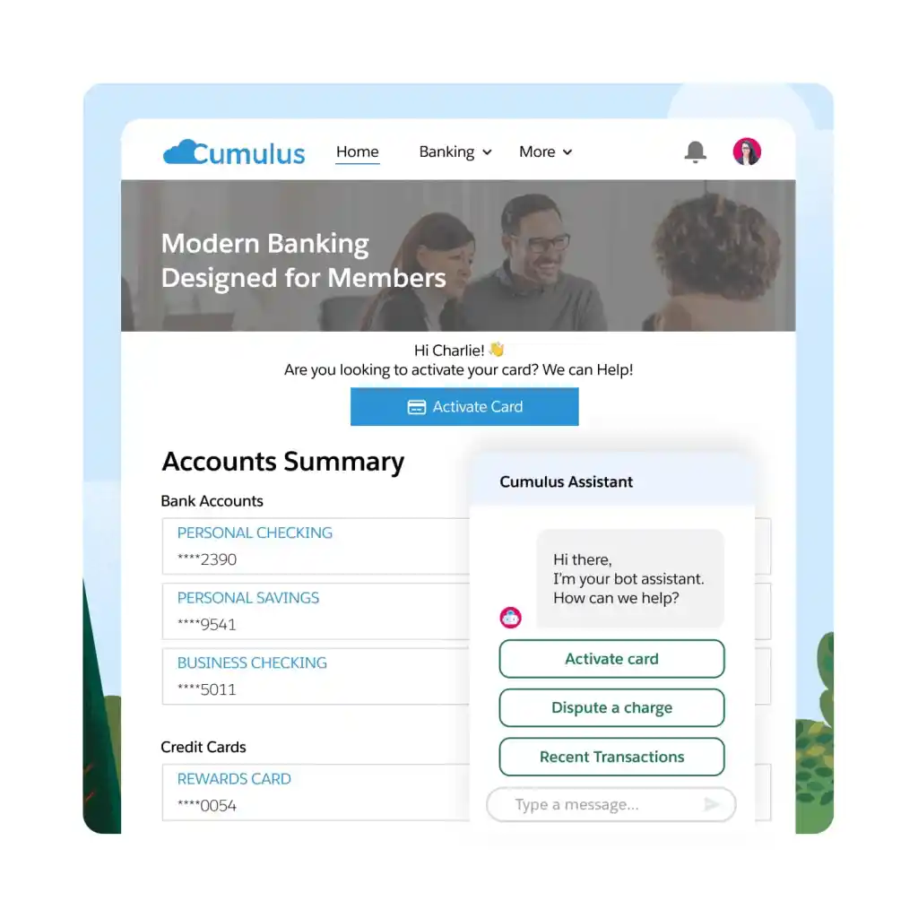 A dashboard displays an Einstein Bots chat with options for bot assistance for various requests