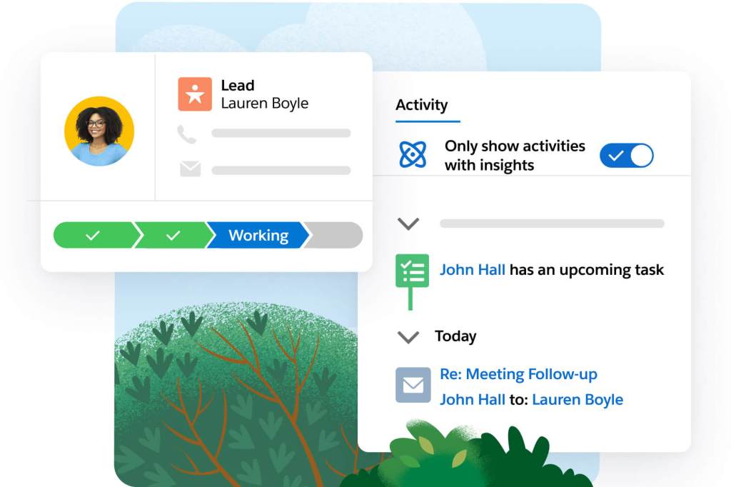 A screen shows a lead's contact information as well as the stage of the deal she is in as well as upcoming rep tasks.