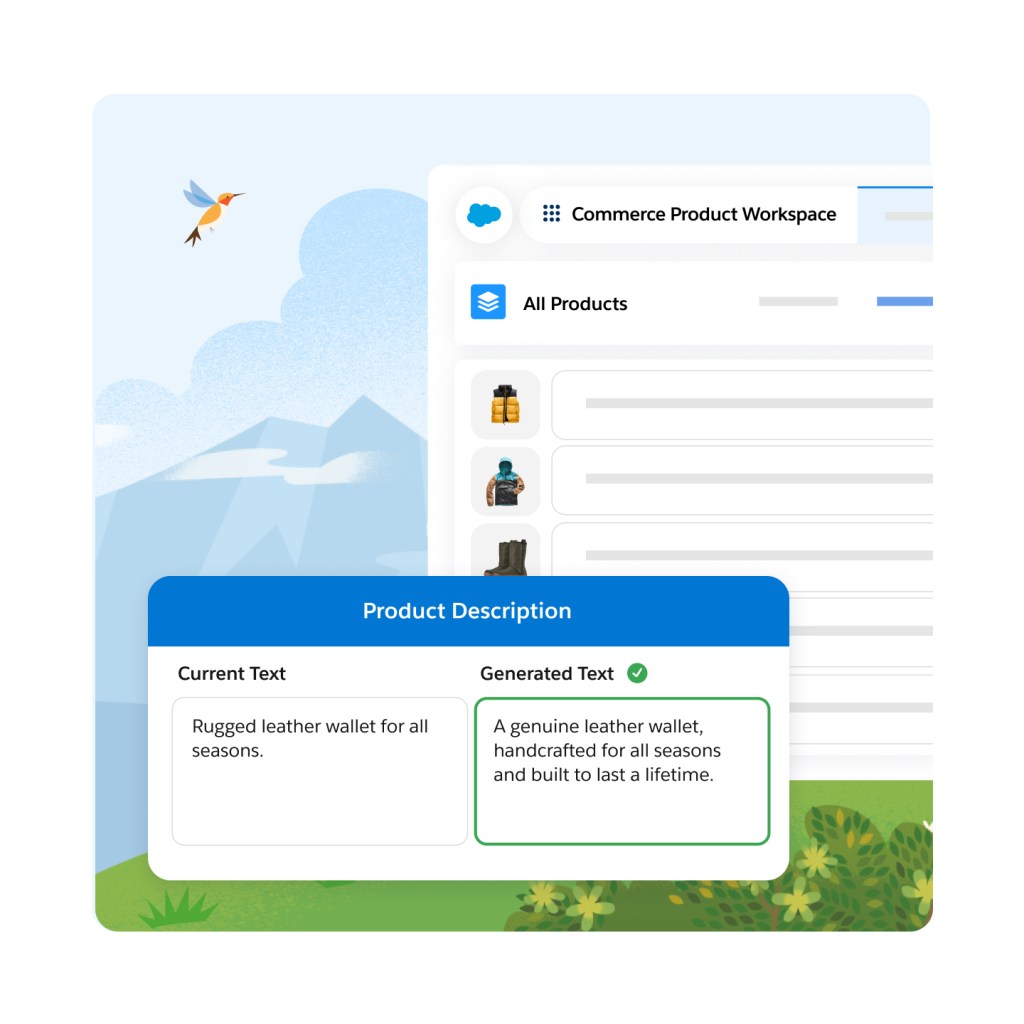 Product Description pop-out with Current Text and Generated Text tiles.