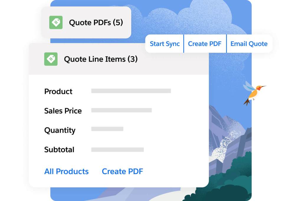 Lines items including product, sales price, quantity, subtotal and options to view all product or create a pdf.