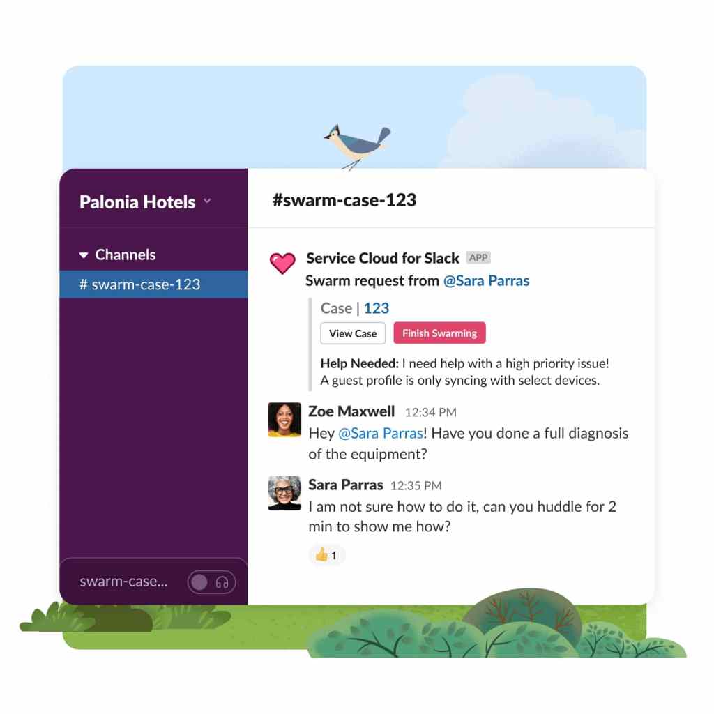 A window of a Slack swarm with experts regarding a customer case