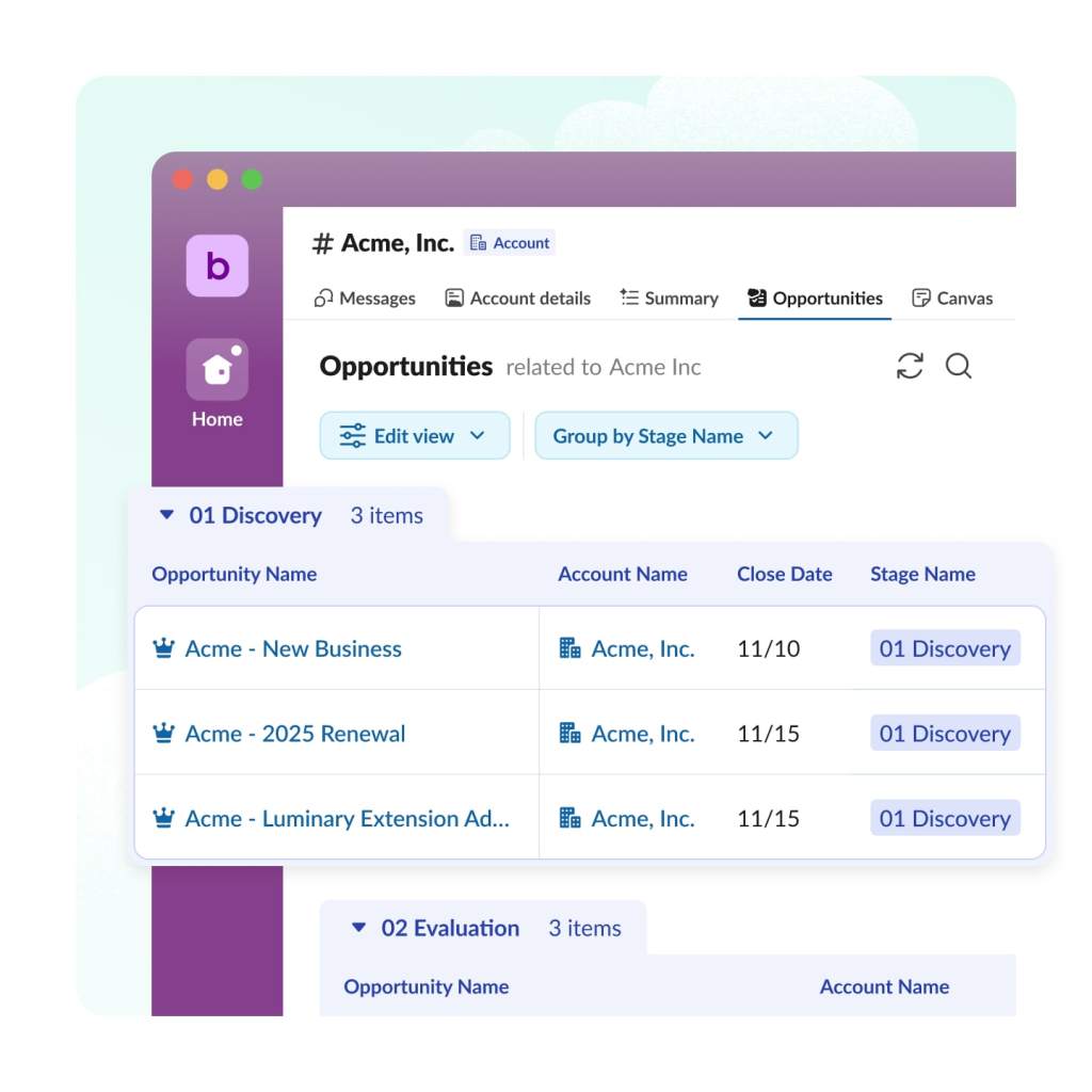 Salesforce opportunities are listed from a tab from across the top navigation bar.