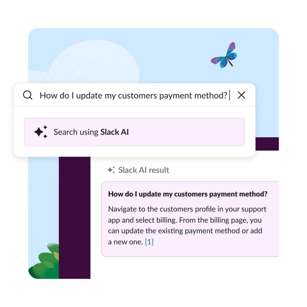 Search bar with question being asked and Slack composing AI generated answer.