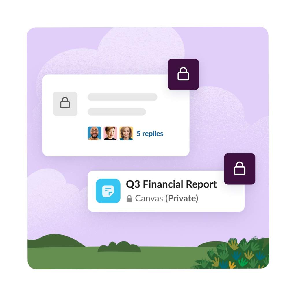 Time, lock, data and security symbols all connecting to Slack.