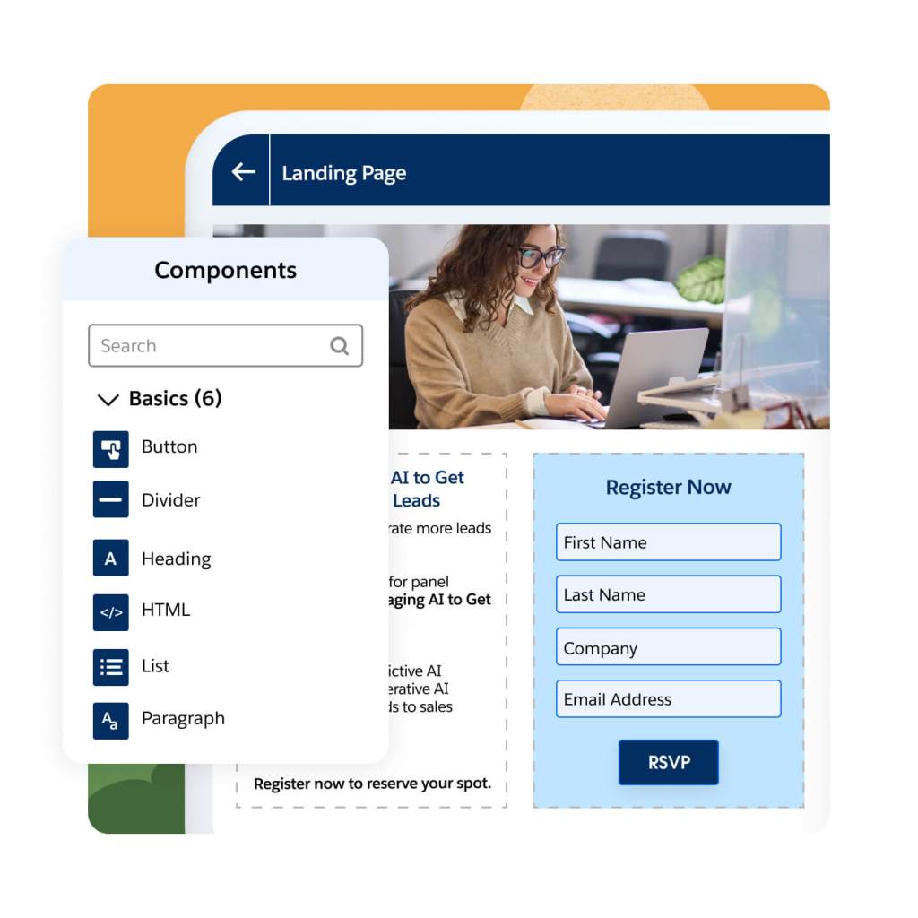 A marketer is creating a new landing page using drag and drop functionality and components to include a Register Now form