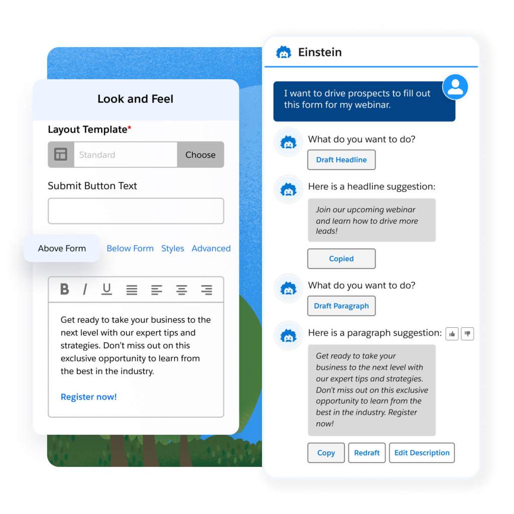 A content creation dashboard featuring an email builder and a AI powered chat with Einstein