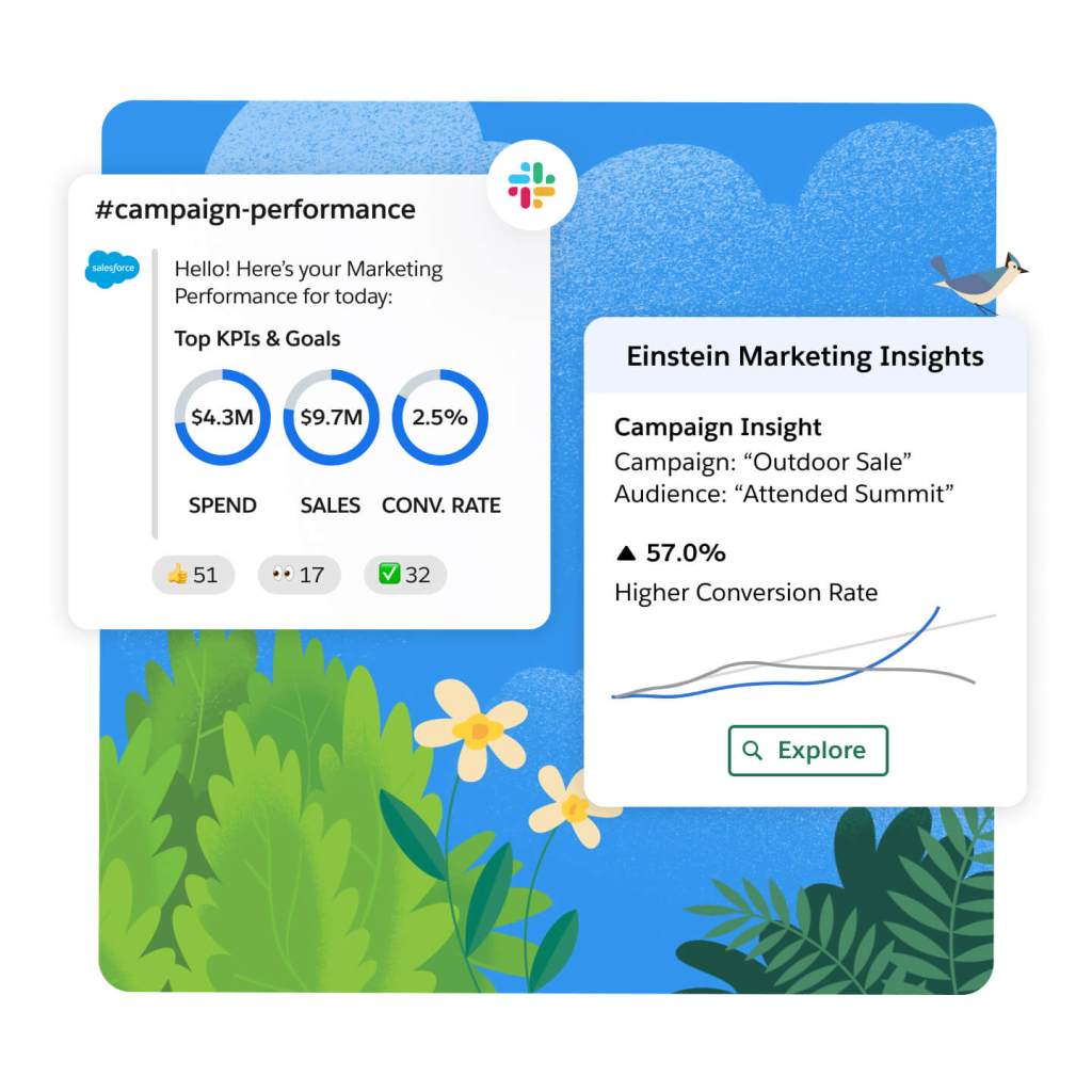 A bird sits atop the Einstein Marketing Insights interface.