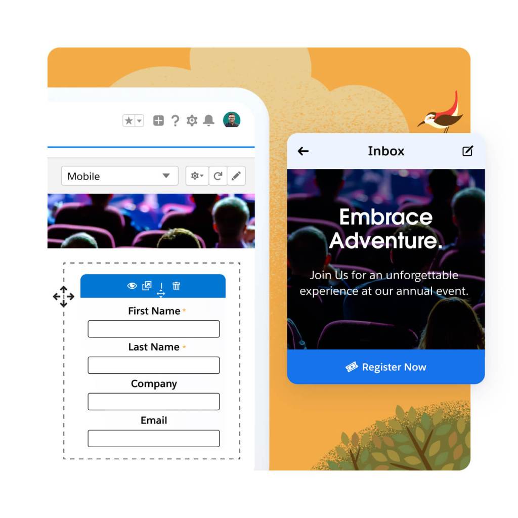 Account Engagement landing page with an inbox form being dragged and dropped onto it.