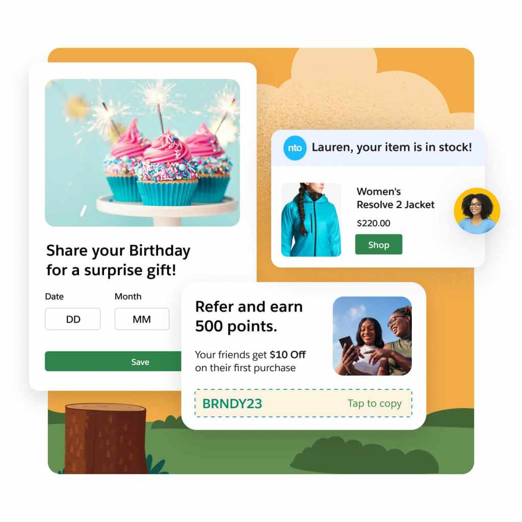 A collage of personalized promotions for a jacket and a birthday cake.