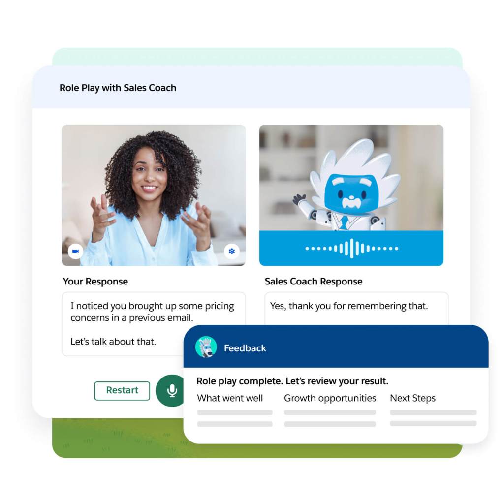 We see a Sales Coach Agent interacting with a rep, conducting a realistic customer roleplay and offering valuable feedback.
