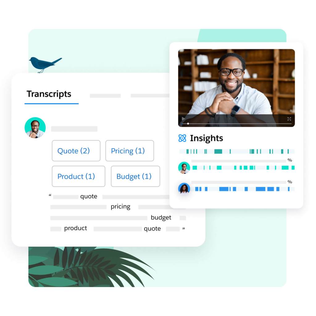 A video player shows where key insights are in a prospect call in the scroll bar. A screen has keywords from the call.