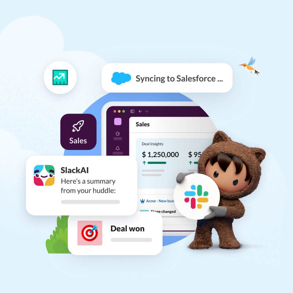 Astro holding Slack logo in front of several Slack windows showing sales data