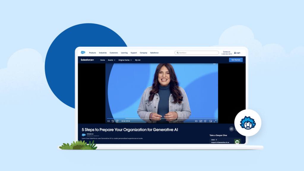 Salesforce on Salesforce host Nahid Samsami on a computer screen next to an Einstein illustration.