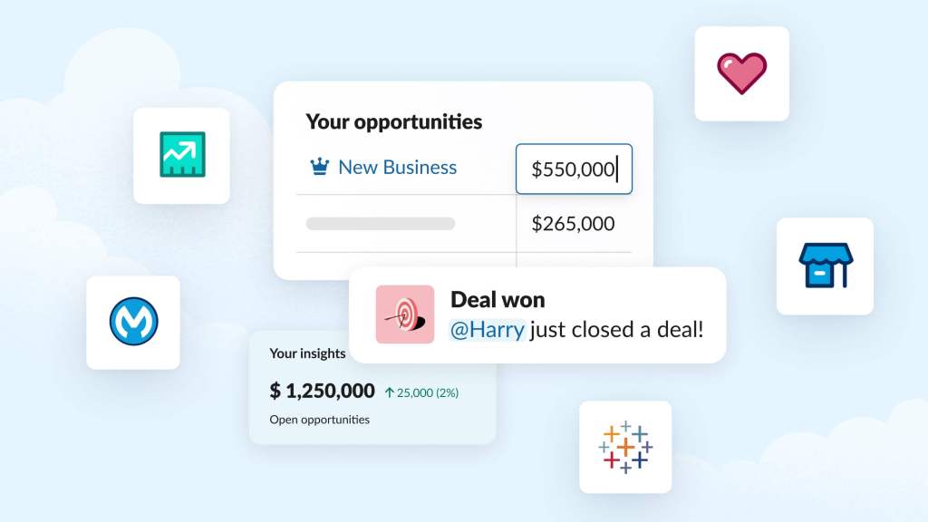 Alerts about a deal surrounded by icons for Service Cloud, Tableau, Sales Cloud and other Salesforce apps 