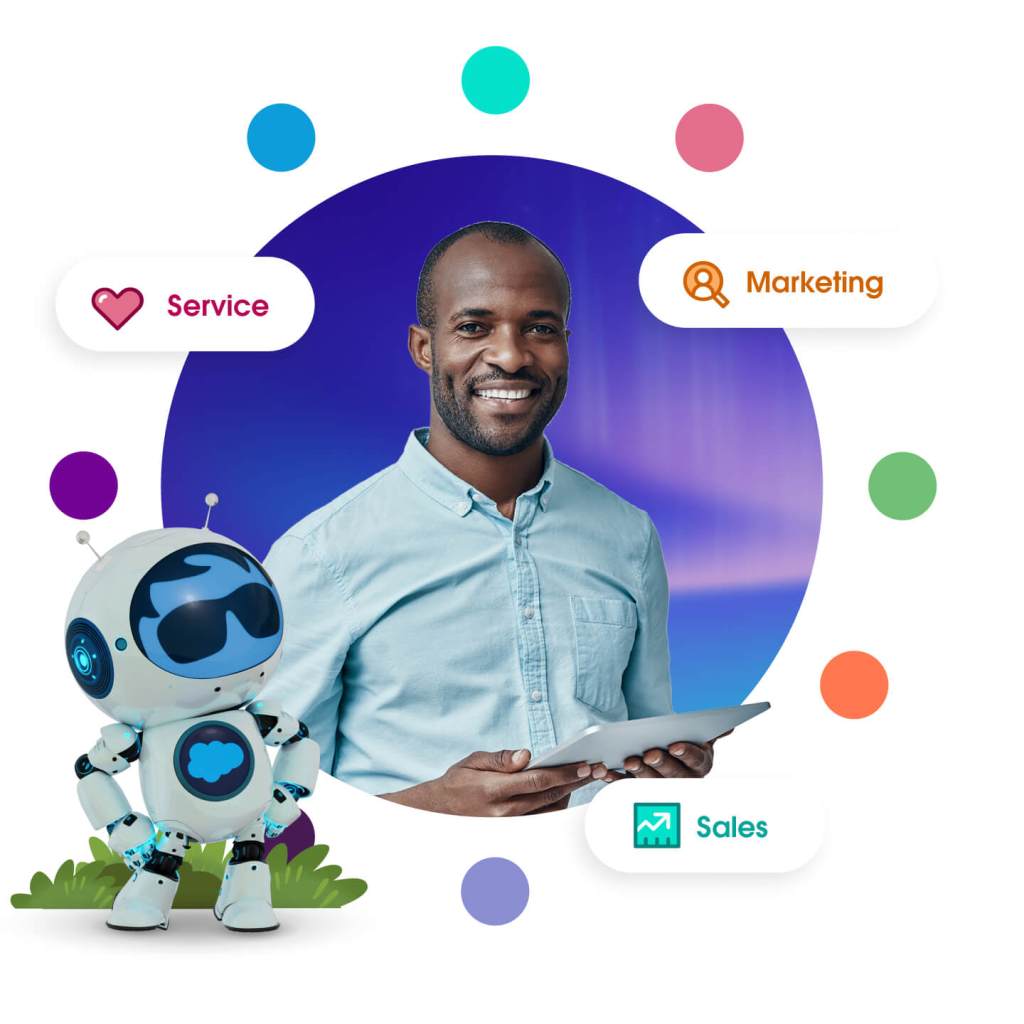 Customer surrounded by product icons and Agent Astro