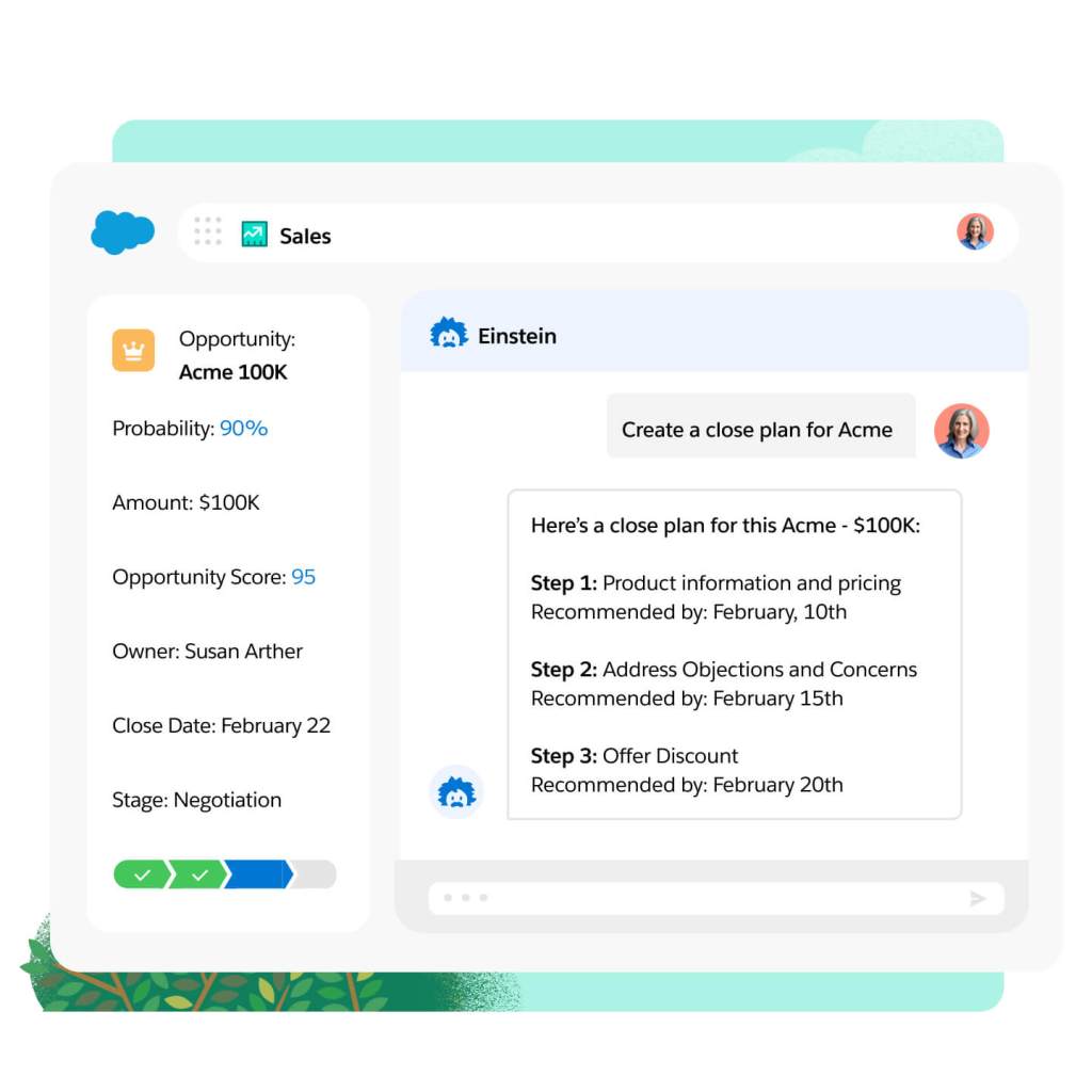 Einstein generates a customed close plan based on CRM data.